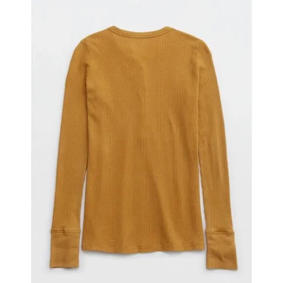 Aerie Wow! Waffle Long Sleeve Henley T-Shirt, Honey, Size S - Picture 5 of 11